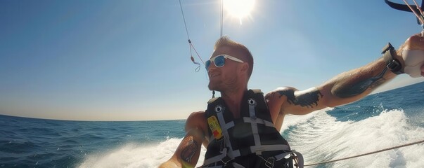 An adventurous kitesurfer enjoying the thrill of riding the waves under a clear blue sky and bright sunlight.