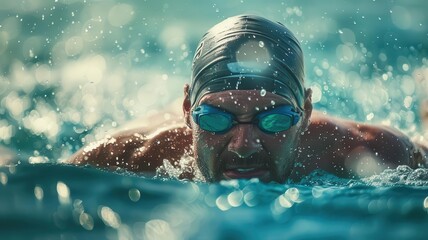 A focused swimmer glides through water, showcasing determination and skill in a competitive swimming environment.