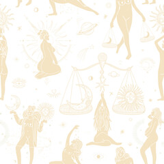 illustration set of moon phases. Different stages of moonlight activity in vintage engraving style. Zodiac Signs	