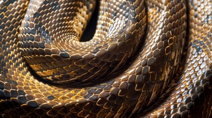 Obraz premium Coiled serpent scales. Close-up view of a reptile's intricate and lustrous skin pattern, showcasing the beauty and detail of nature's design.