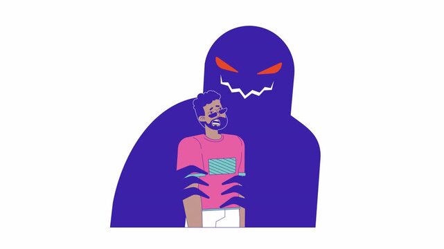 Psychological manipulation line 2D animation. Abuse victim guy african american adult frightened 4K video motion graphic. Nightmare evil linear animated cartoon flat concept, white background