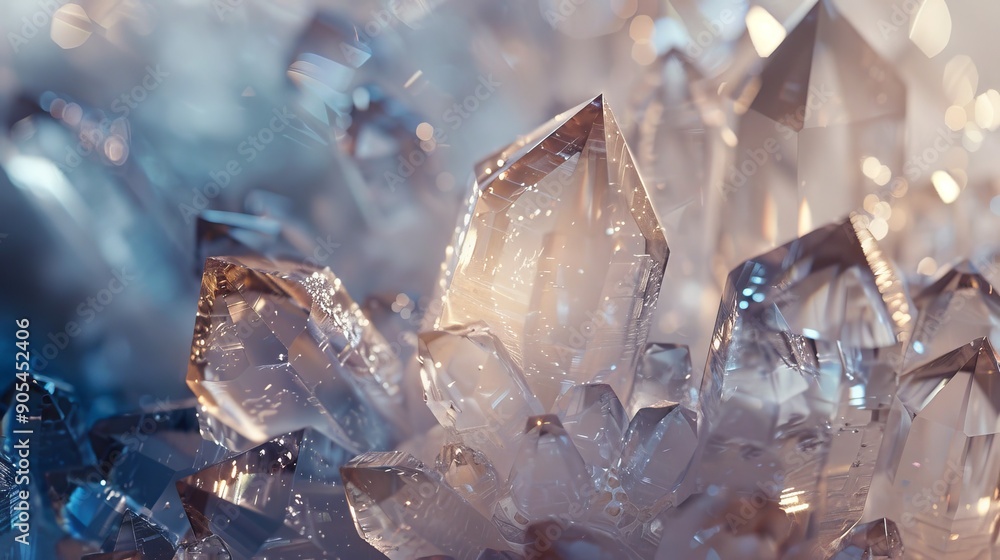 Poster crystal formation close up. a close up image of a grouping of translucent crystals with light shinin