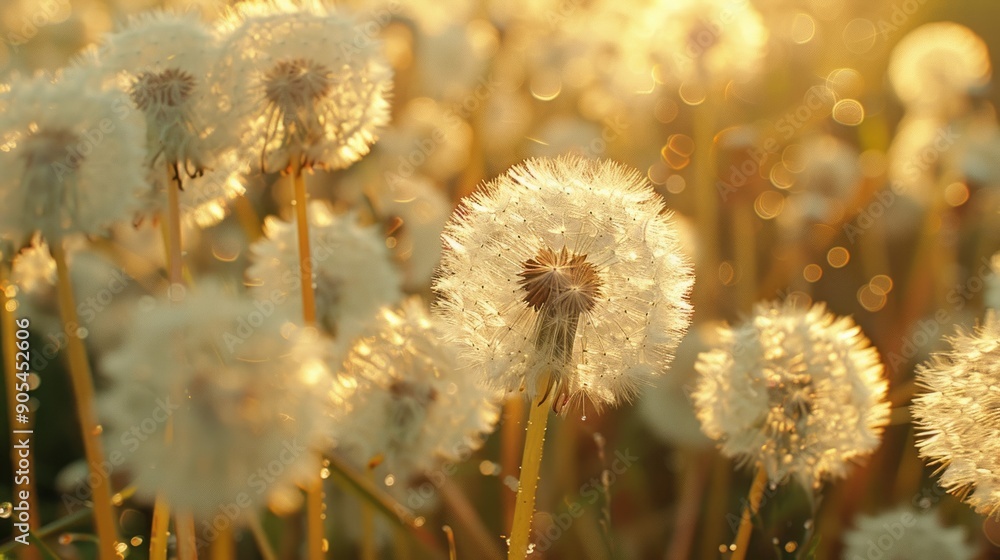 Poster golden hour dandelions. a field of delicate dandelions glows in the warm light of a setting sun, cre
