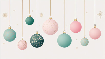 set of christmas balls in green mint and pink sift pastel tones/banner