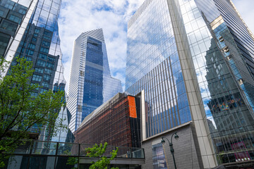 Low angle view of skyscraper with Sky deck observatory Edge in Hudson Yards