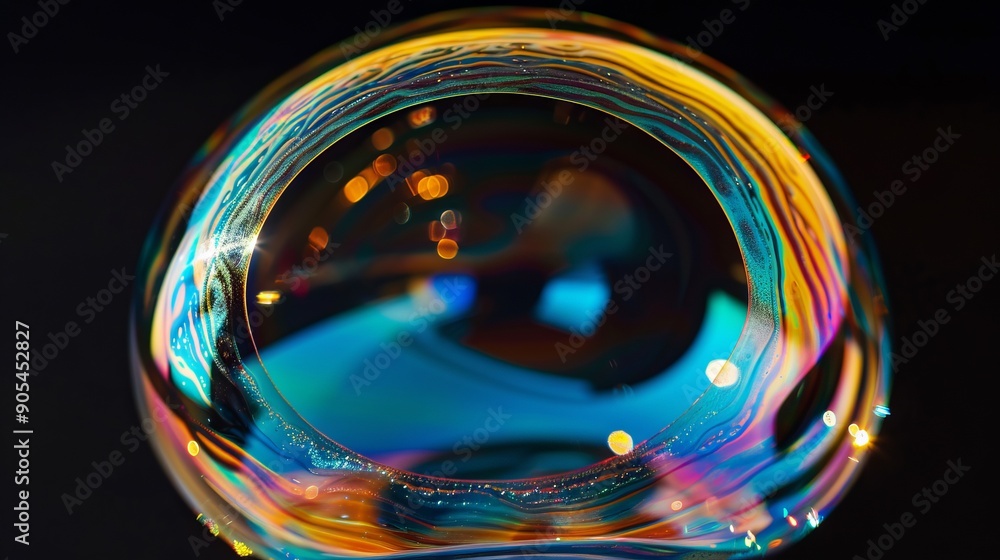 Poster iridescent soap bubble on black background. a captivating close-up of a colorful soap bubble, showca