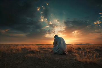 Man kneeling in prayer facing a dramatic sunset in a remote desert landscape