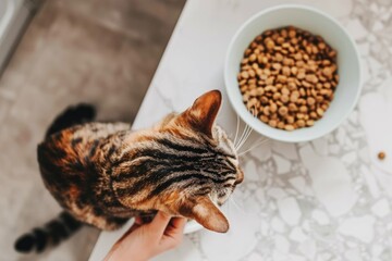 Obraz premium A brown tabby cat sits on a white countertop, intently watching a bowl of food. The cat's tail is curled behind it, and its ears are perked up