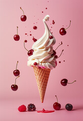 A white and burgundy ice cream melts against a pink background, while cherries and berries float in the air, creating a minimalist, pastel scene.Minimal creative food concept.Flat lay.