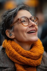 Portrait photo of a deaf senior woman enjoying the sounds of the street for the first time with her new hearing aids