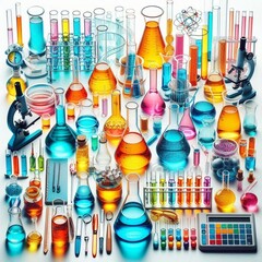 Colorful Collection of Laboratory Glassware and Scientific Equipment on White Background
