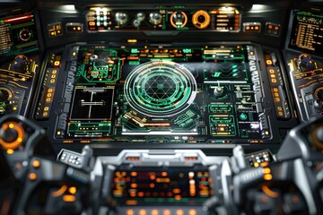 Futuristic spaceship control panel with glowing green screens