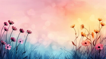 Obraz premium A serene landscape featuring blooming flowers against a soft pastel background, embodying tranquility and natural beauty.