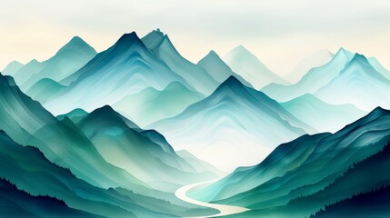 A serene landscape featuring soft mountains and a winding river, perfect for nature lovers and peaceful retreats.