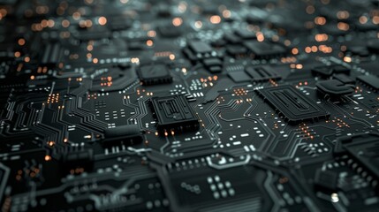 Electronic circuit board technology background. Dark modern electronic circuit board with illuminating elements, perfect for showcasing technological advancements or digital concepts.