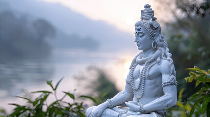 Fototapeta premium White marble Lord Shiva statue in meditation pose yoga with sunrise background Hindu god religious spirituality peace tranquility India culture faith belief
