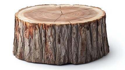 side view on one single wooden tree stump isolated on white background