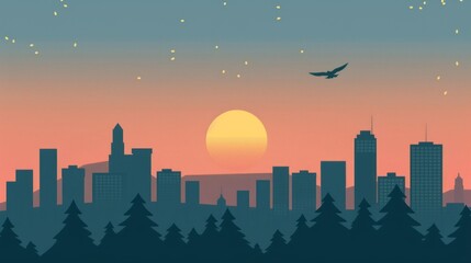 City skyline sunset with bird. A tranquil silhouette of a city skyline against a vibrant sunset, with a bird soaring through the evening sky.