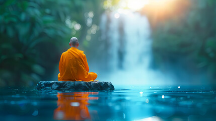 Buddhist monk meditating on rock in water with waterfall background zen spirituality peace meditation mindfulness yoga religion temple asia culture tranquility harmony nature serene calm relax