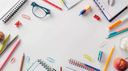 Background frame of colorful school supplies isolated on white iwith copy space. Back to school concept