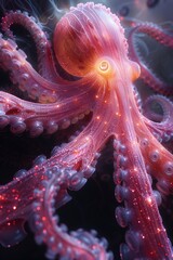 Colorful Octopus Displaying Its Tentacles in a Deep Ocean Environment During Nighttime