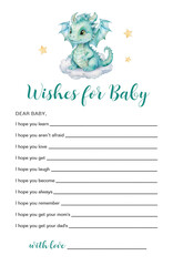 Cute baby dragon watercolor wishes for baby card, nursery