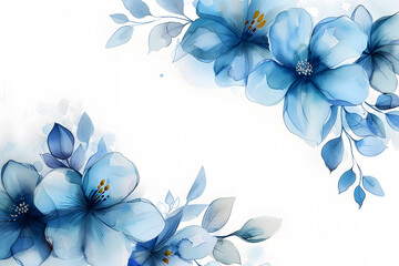 Obraz premium Watercolor blue floral frame on white background, pastel colors, with copy space for text. Elegant blue flowers, invitation wedding card