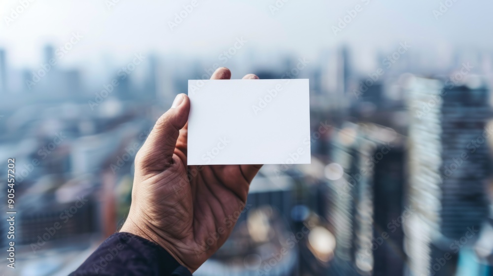 Poster Blank card against city skyline. A person holds up an empty card with a blurred cityscape in the background, offering a template for design and messaging.