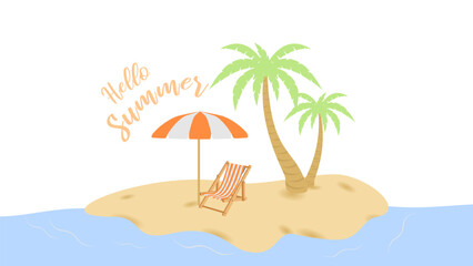 hello summer text with island palm tree beach chair and umbrella. vector illustration isolated on white background.