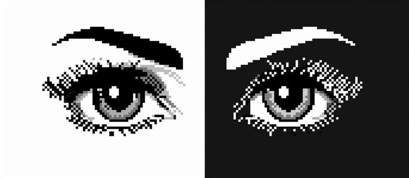 Black and white pixel art eye with eyelashes representing vision and simplicity