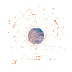 illustration set of moon phases. Different stages of moonlight activity in vintage engraving style. Zodiac Signs	