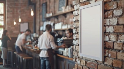 Obraz premium Cafe menu sign mockup. Blank advertisement poster on a brick wall, ideal for displaying food and beverage promotions in a bustling cafe setting.