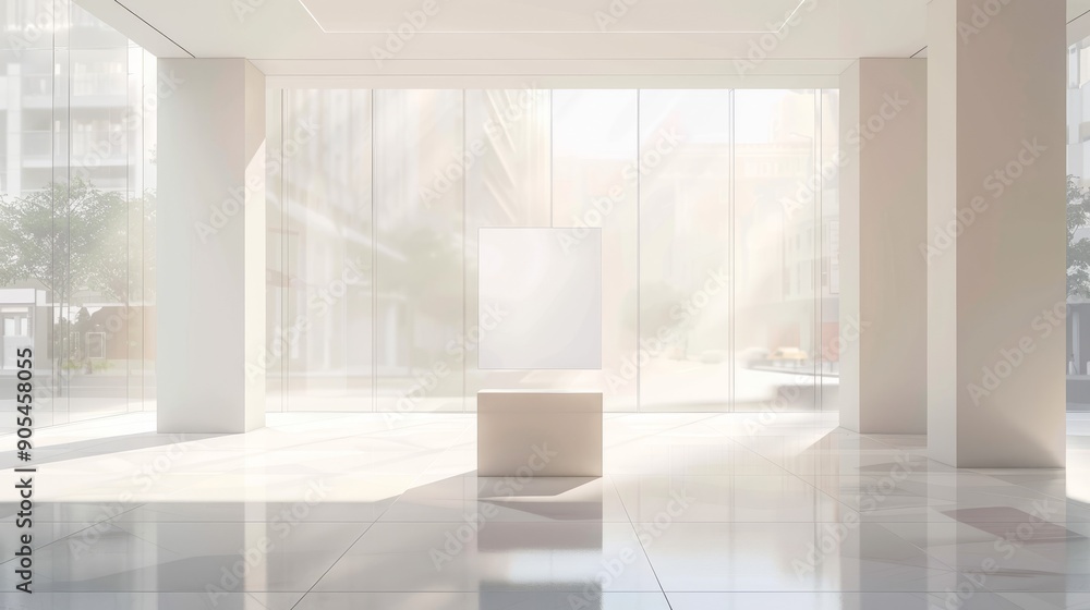 Poster bright gallery interior with empty frame. modern luminous gallery space with large windows, white wa