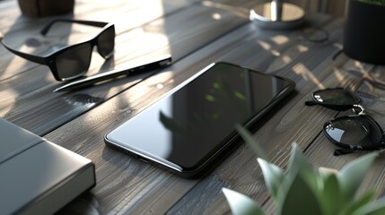 Smartphone on wooden desk with accessories. A sleek mobile phone sits on a rustic wooden desk, bathed in warm sunlight, accompanied by stylish eyeglasses, a pen, and a notepad.