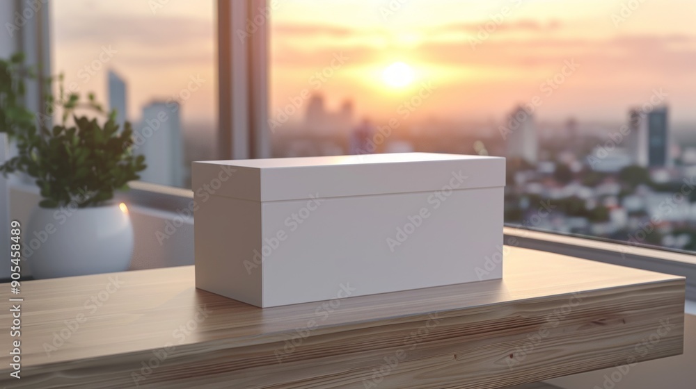 Poster white box on table with sunset view. rectangular container on wooden surface with an urban cityscape