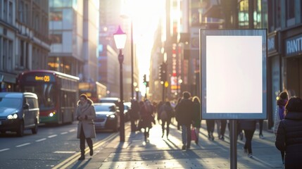Obraz premium Blank billboard city street. A blank billboard stands on a city street, offering a perfect canvas for your advertising message. The bustling street and golden sunlight add a touch of urban energy.