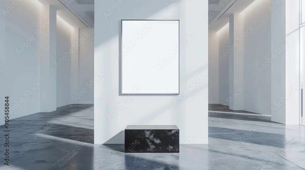 Poster modern gallery interior with empty canvas and bench. contemporary gallery setting featuring a blank 