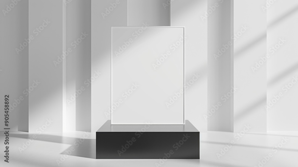 Poster blank canvas on minimalist platform. a blank white canvas sits on a black platform in a minimalist w
