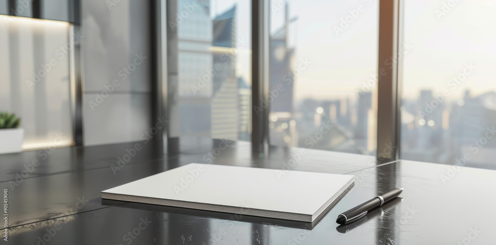 Poster blank notepad and pen on desk. a pristine notebook with a sleek pen resting on a polished tabletop, 