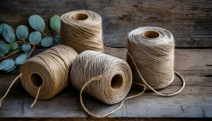 a rustic scene of spools of twine on a wooden surface, emphasizing the texture and natural materials.