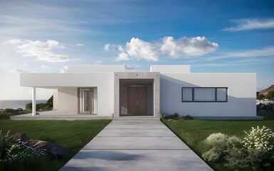 Elegant 3D Render of a White Modern Home with Sea View and Concrete Entry