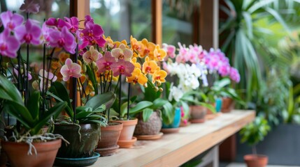 Vibrant orchids in various colors bloom in pots, arranged neatly along a wooden shelf surrounded by lush greenery.