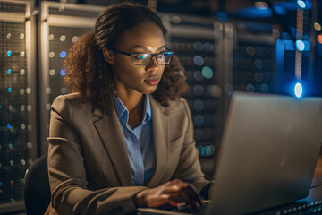 AI cyber security risks. Black female IT specialist analysing artificial intelligence cyberspace threats on computer in dark office data centre. Blue lighting. African american ethical hacker