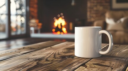 Cozy winter evening. Relaxing winter evening scene with a white mug on a rustic wooden table by a warm fireplace in a cozy interior.