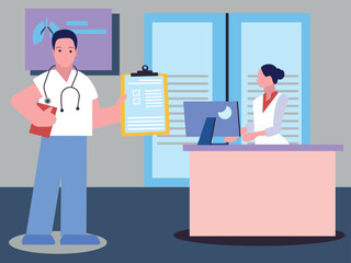 The doctor is holding a clipboard.