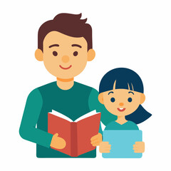 cute girl read books with dad leaf on white bg vector illustration