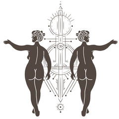 illustration set of moon phases. Different stages of moonlight activity in vintage engraving style. Zodiac Signs	