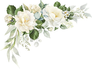 Watercolor white flowers corner border. Floral bouquet of creamy peony, ivory rose, sage green foliage,  greenery and eucalyptus leaves.  Hand painted illustration for wedding invitation, background
