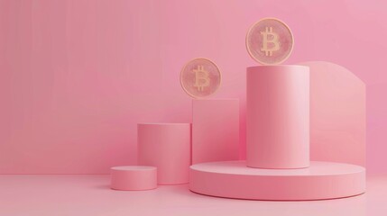 3d rendering of minimal scene of blank podium with cryptocurrency bitcoin theme. Display stand for product presentation mock up. Cylinder stage in sweet lovely pink color with simple design