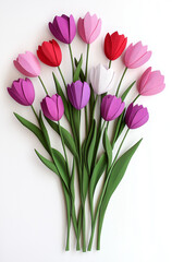 Fototapeta premium Purple, pink, and red tulips arranged in a pattern on a white background in a flat lay photography.